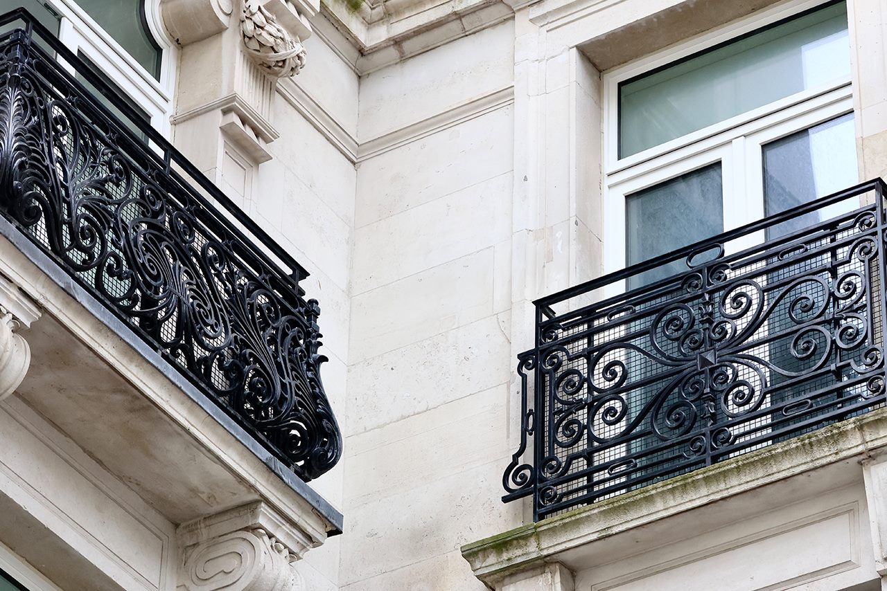 Ornamental wrought iron balconies